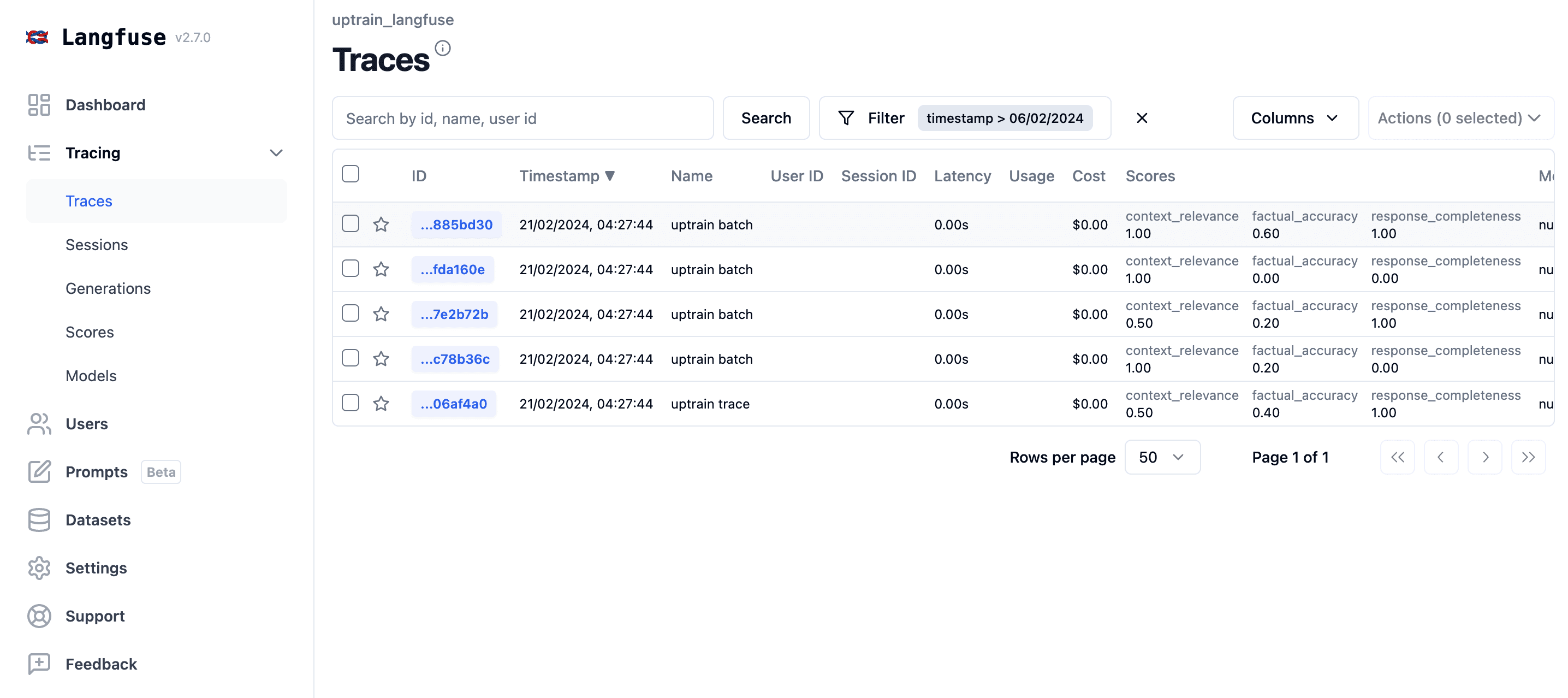 UpTrain Evals on a list of traces in Langfuse